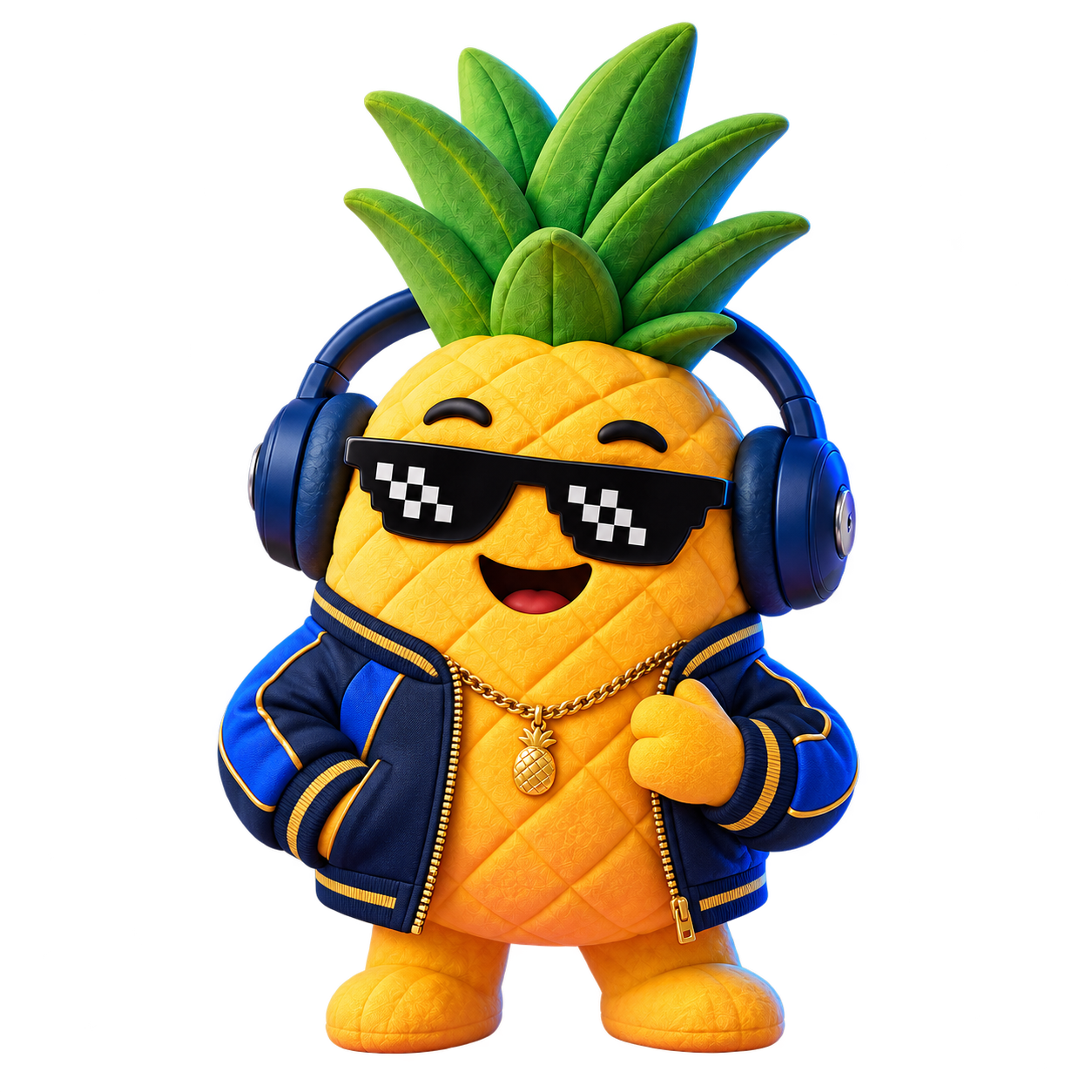 Pip wearing pixel sunglasses and a premium blue and gold jacket